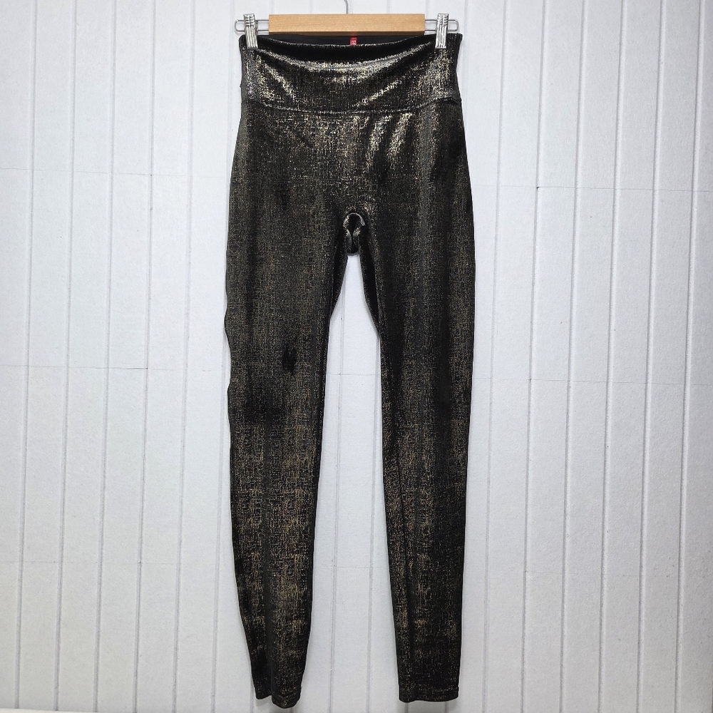 SPANX Velvet Shine Leggings Black Gold Pull-On Elastic Waist Skinny Size M